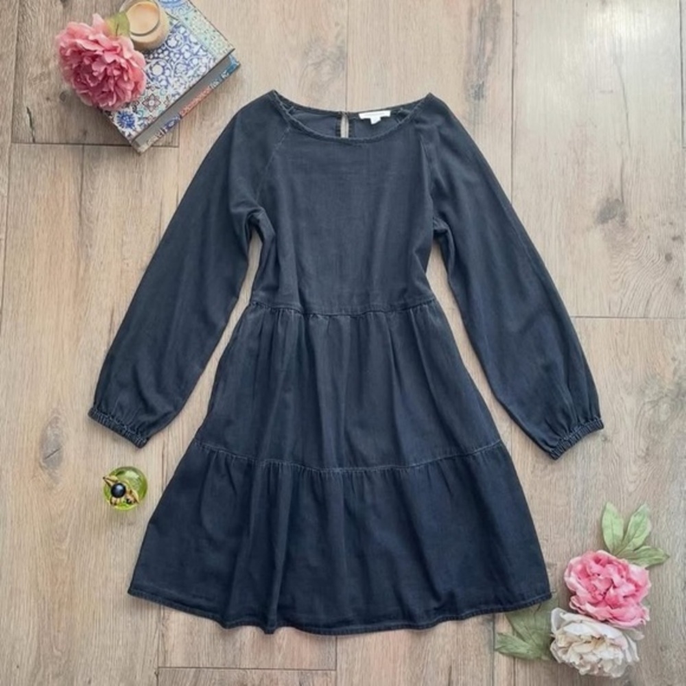 beachlunchlounge Black Acid Wash Cotton Tiered Mini Dress – Long Sleeve – XS